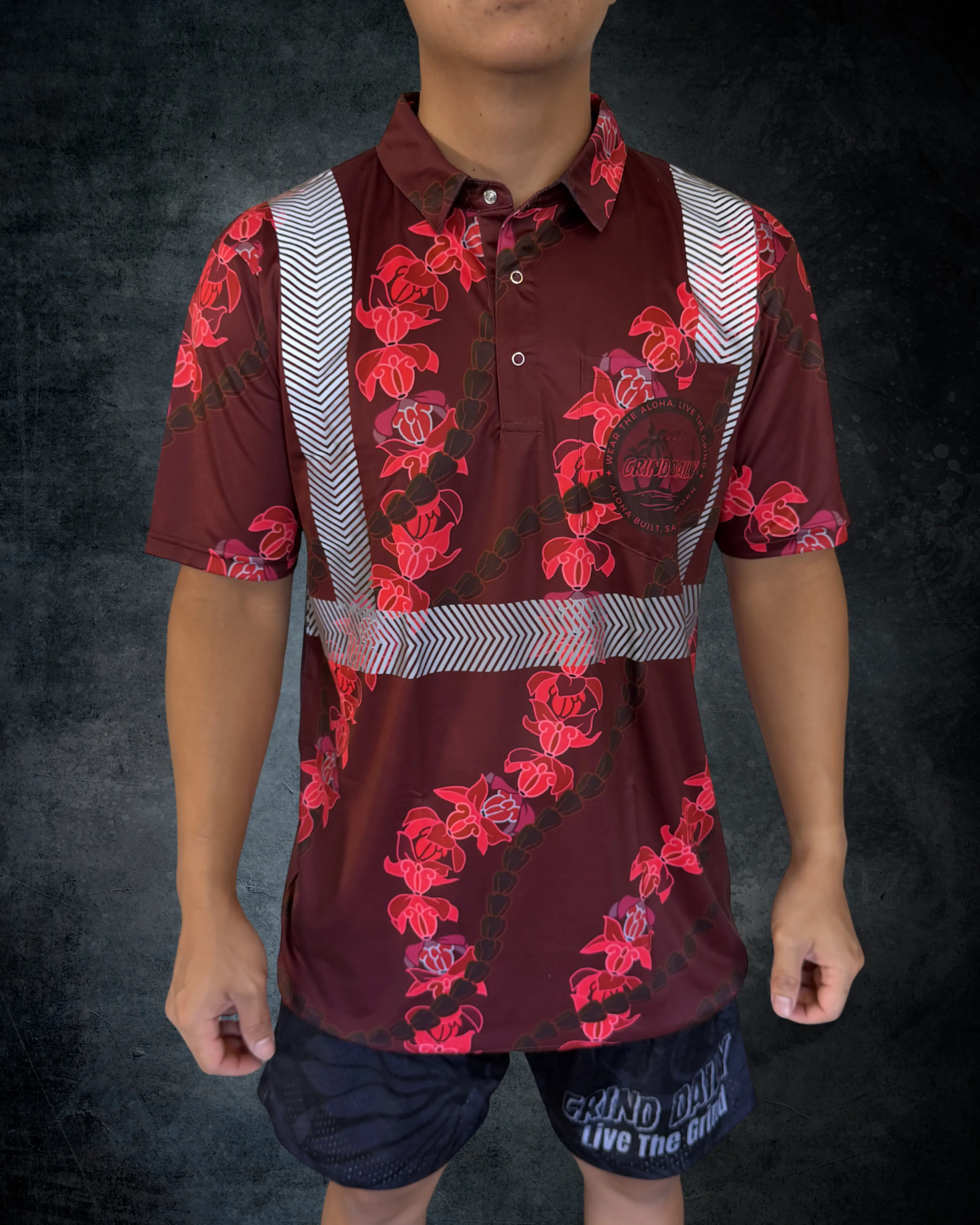 Crown Flower Lei Reflective Polo - Maroon