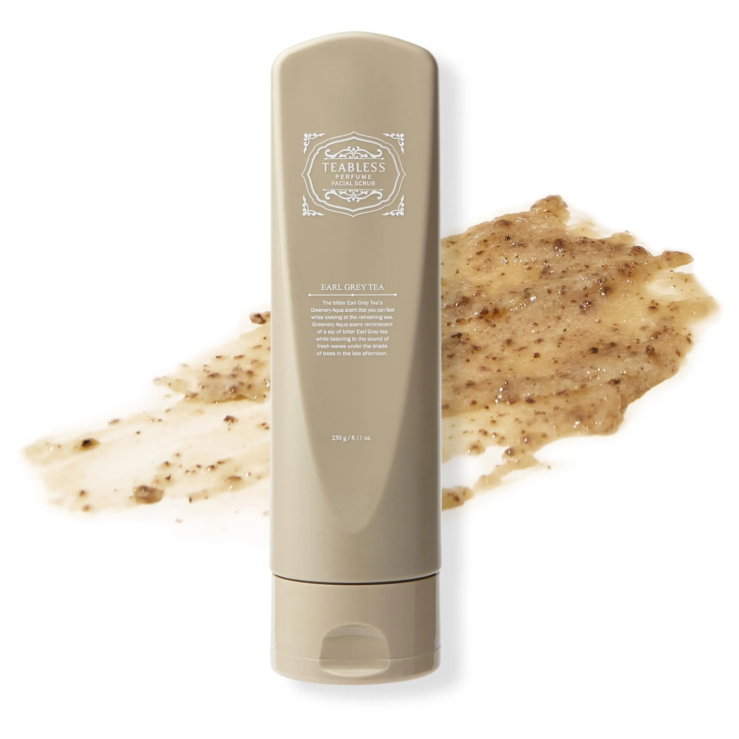 [TEABLESS Official Shop] Earl Grey Tea Perfumed Facial Scrub 8.11 oz / 230G, Transforming scrub, Gentle Daily Scrub & Cleanser for Exfoliation, blackheads & pore care, Greenery aqua Scent, Vegan