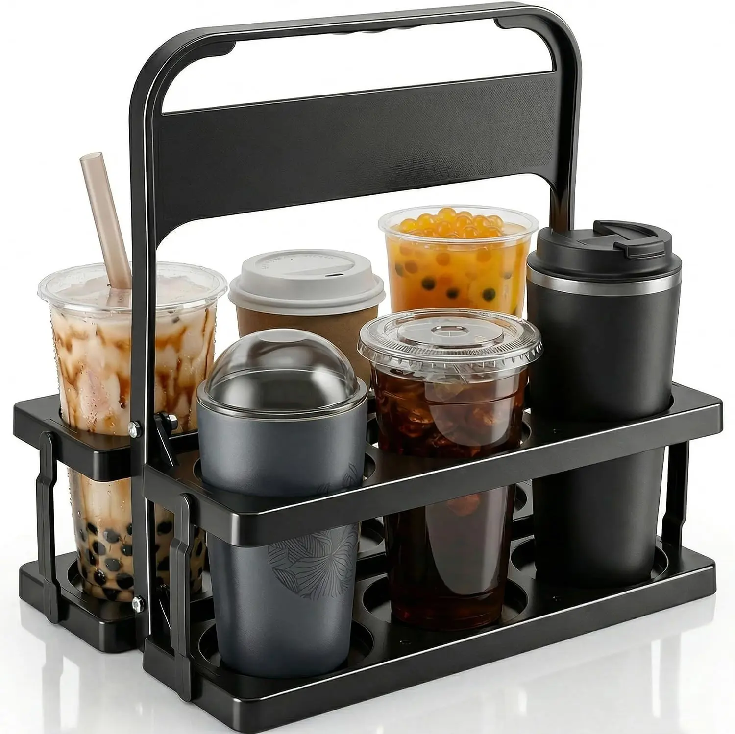 6 Cup Drink Carrier for Delivery - Foldable Drink Holder with Handle, Reusable Cup Carrier for Drinks, Portable Beverage Caddy Accessories for Parties, Camping, Car, Coffee & Bottles (Black)