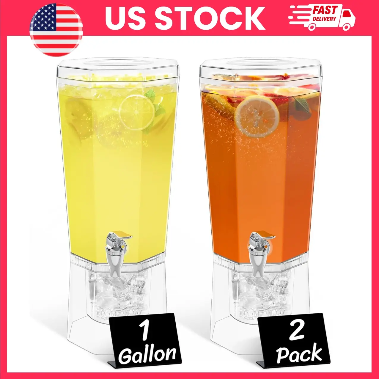 Drink Dispenser 2 Pack, 1 Gallon Beverage Dispenser with Stand and Spigot, BPA-Free Plastic Drink Container for Juice, Tea, Lemonade, Water and Cold Beverages, Clear | plastic beverage dispenser, party drink dispenser, lemonade dispenser