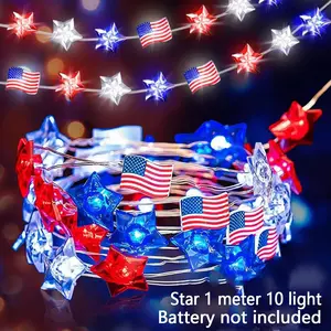 LED Copper Wire Lights, Independence Day Flag, Party Atmosphere, Star Copper Wire Decorative String Lights, Outdoor Garden, July 4th Decoration