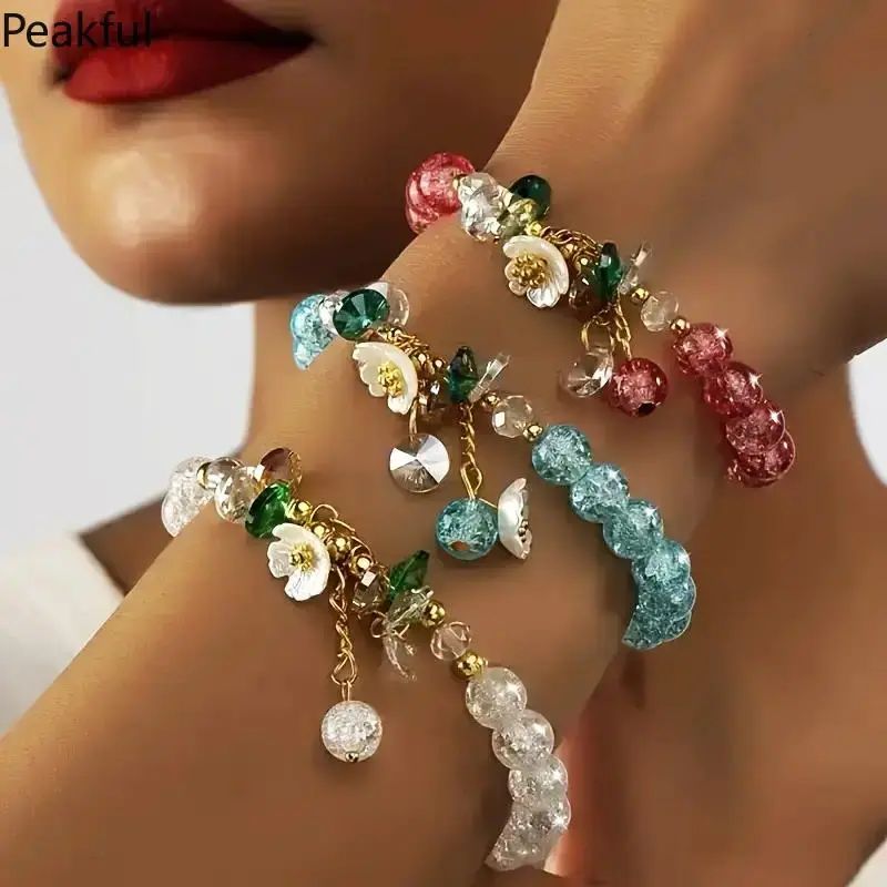 3Pcs Vintage Glass Flower Beaded Bracelet Set, Trending Handmade Colorful Charm Wrist Jewelry, Adjustable Elegant Bead Chain Bracelets for Women, delicate craft & soft vintage aesthetic, perfect for daily wear, dating gatherings, holiday parties