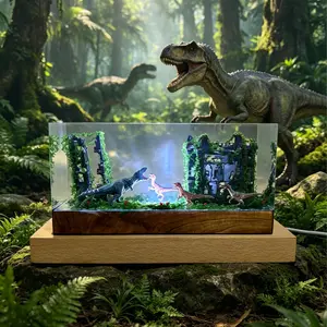T-Rex Hunting Resin Lamp Handmade Velociraptor Dinosaur Resin Night Light Wood Multi-Color LED Decorative Table Lamp 3D Miniature Stereo Scene Desk Ornament, Dinosaur Lovers Collectibles Game Room Office Home Decor, Unique Fun Gifts for Him and Her