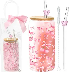 Bow Glass Cup -  Bow Tumbler with  And Straws, Clear  Bag, Iced Coffee Smoothie, Bow Tumbler,  Bows Aesthetic Drinking Jar Bow Gifts For Women Teen Girl