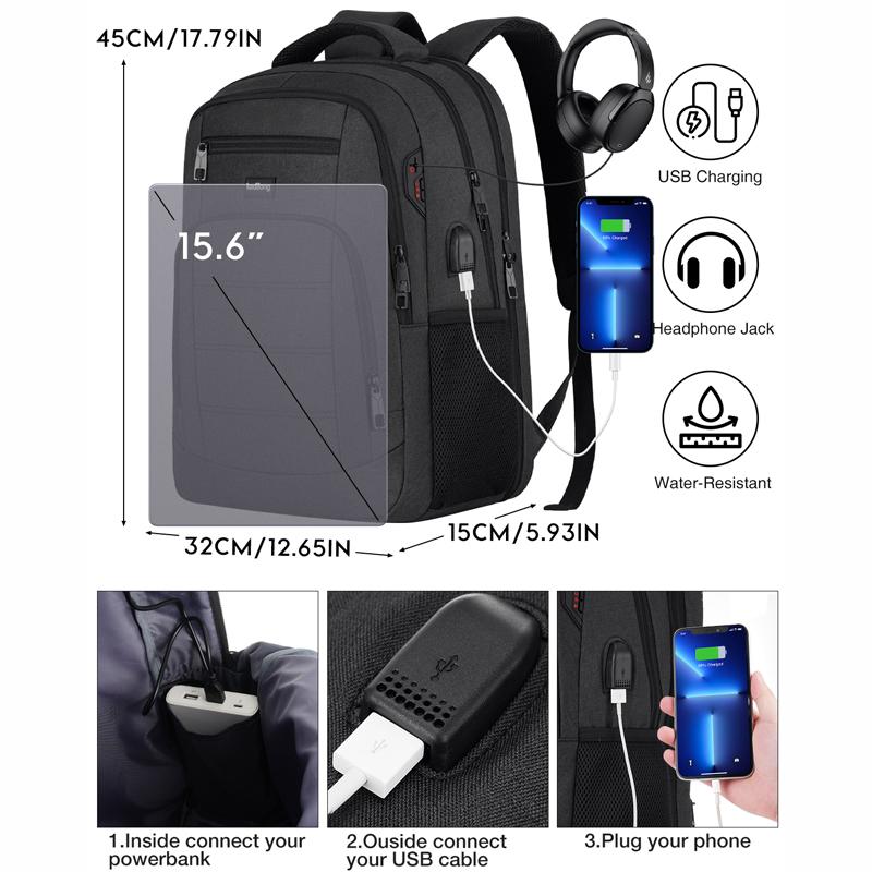 kadilong 15 Inch Large Anti-theft Laptop Backpack with USB Charging Port, Headphone Jack & Password Lock, Water Resistant Backpack for Students, Working Adults, School, Work & Travel
