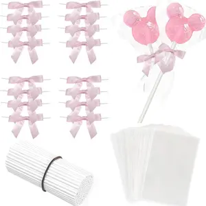 100 Sets Cake Pop Sticks and Treat Bags Kit Including 100 Cakepop Wrappers with 100 Pink Bow Ties and 100 Lollipop Sticks for Rice Krispies, Candies, Chocolate, Wedding Christmas Packaging