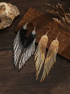 Ladies' fashionable fringed earrings - Bohemian style - Symmetrical geometric fringed design pattern - Hand-woven beaded earrings - Suitable for daily wear, vacation, party, holiday gift-giving as a present