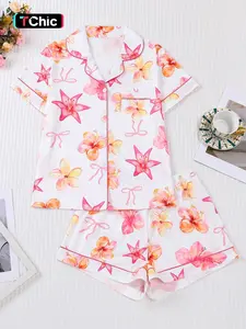 Women's Floral Bow Print Sleepwear Set, Short Sleeve Button-Up Top & Elastic Shorts, Casual Home Wear, Party