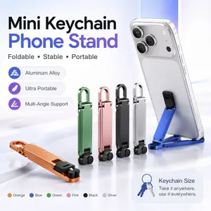 Metal Keychain Mini Phone Holder For Iphone Universal Aluminum Portable Foldable Phone Stand Light Thin Solid Triangle Bracket