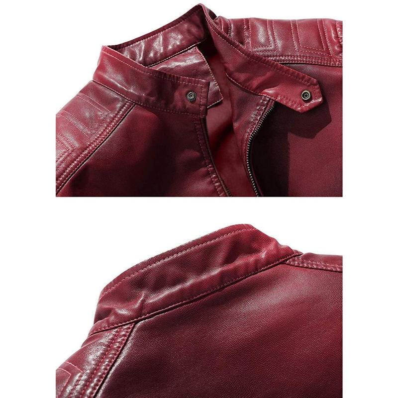 Men's Faux Leather Jacket Vintage with Stand Collar for Motorcycle Biker Riding Bomber Jacket for Men