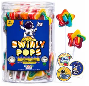 Galaxy Star Rainbow Lollipops Individually Wrapped, Bursting with Fruity Flavor, Great Swirl Lollipops for Kids Birthday Parties, Space Candy Party Favors and Cake Toppers, By 4YoreElves (Pack of 24)