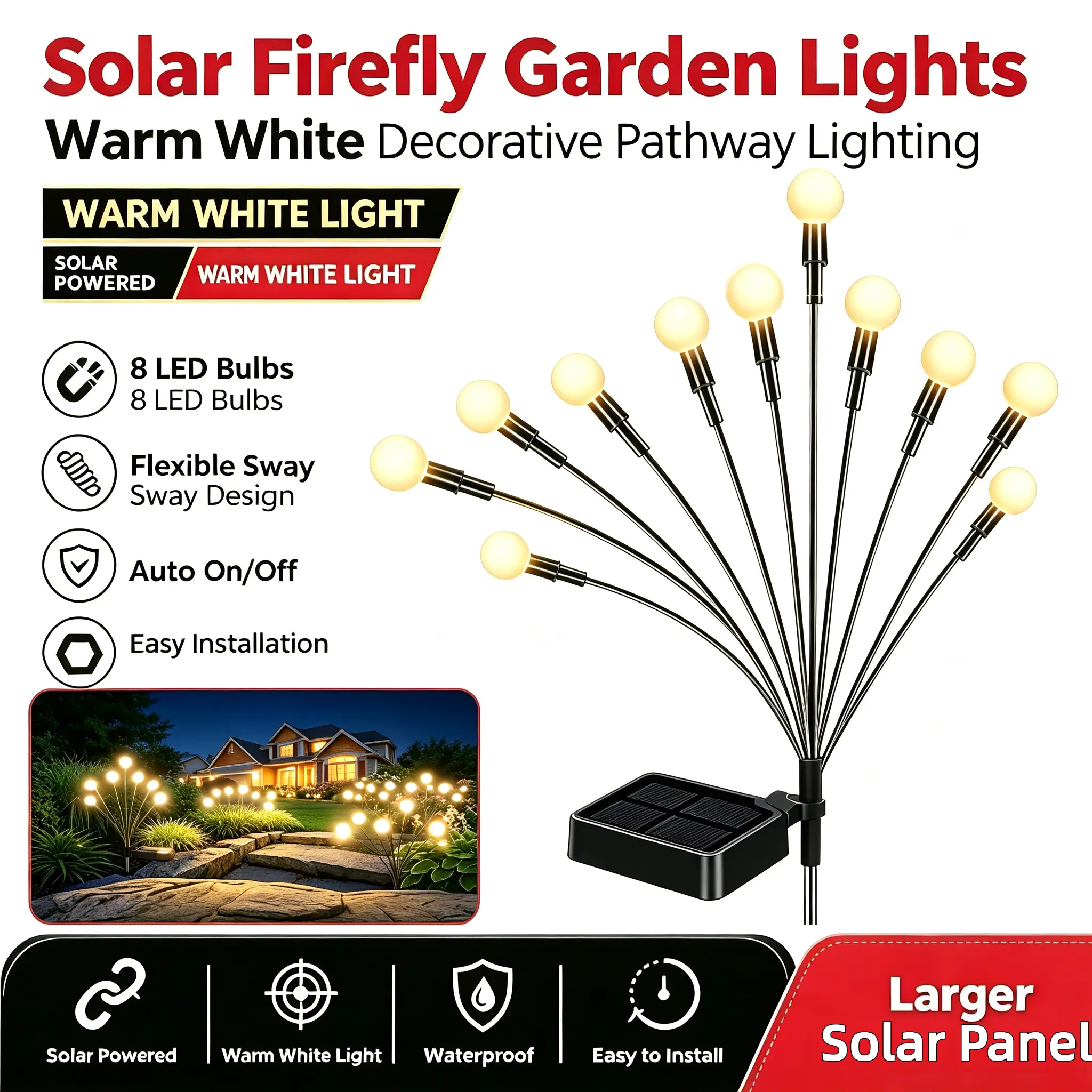 Swaying Solar Firefly Lights, Waterproof LED Garden Lights, Wind Dancing Firefly Lamp with Auto On/Off, Warm Ambient Lighting for Yard Patio Lawn Outdoor Decor