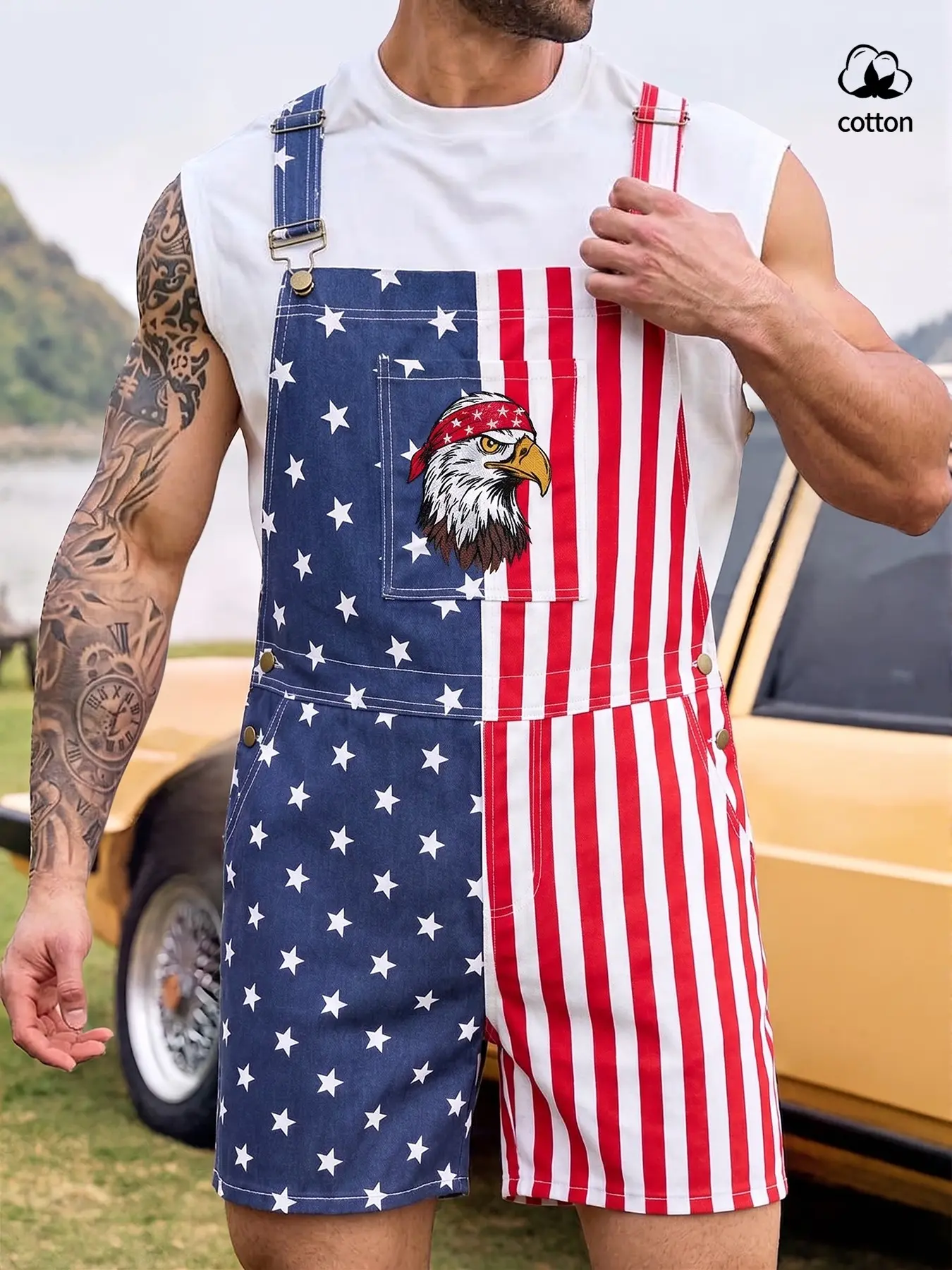 Men's Stars and Stripes American Flag Denim Overalls Streetwear Jumpsuit, Adjustable Shoulder Straps, Loose Straight Fit Casual Summer Wear