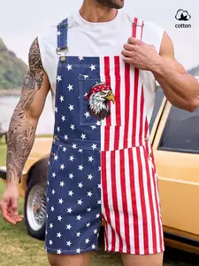 Men's Star Striped American Flag Denim Jumpsuit, Adjustable Shoulder Straps, Loose Straight Fit, Casual Summer