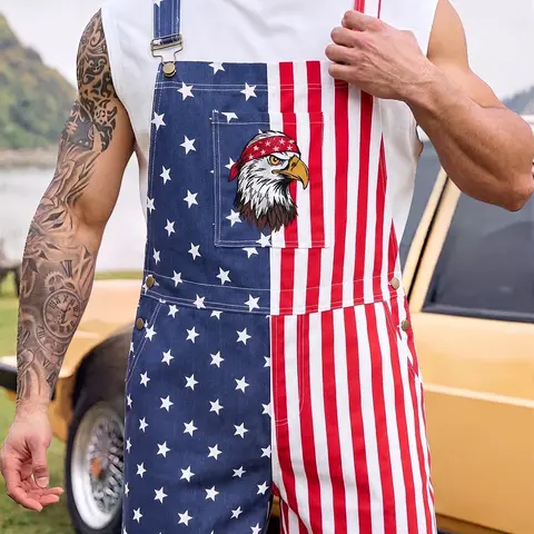 Men's Stars and Stripes American Flag Denim Fashion Casual Overalls Streetwear Jumpsuit Shorts, Adjustable Shoulder Straps, Loose Straight Fit Casual Summer Wear
