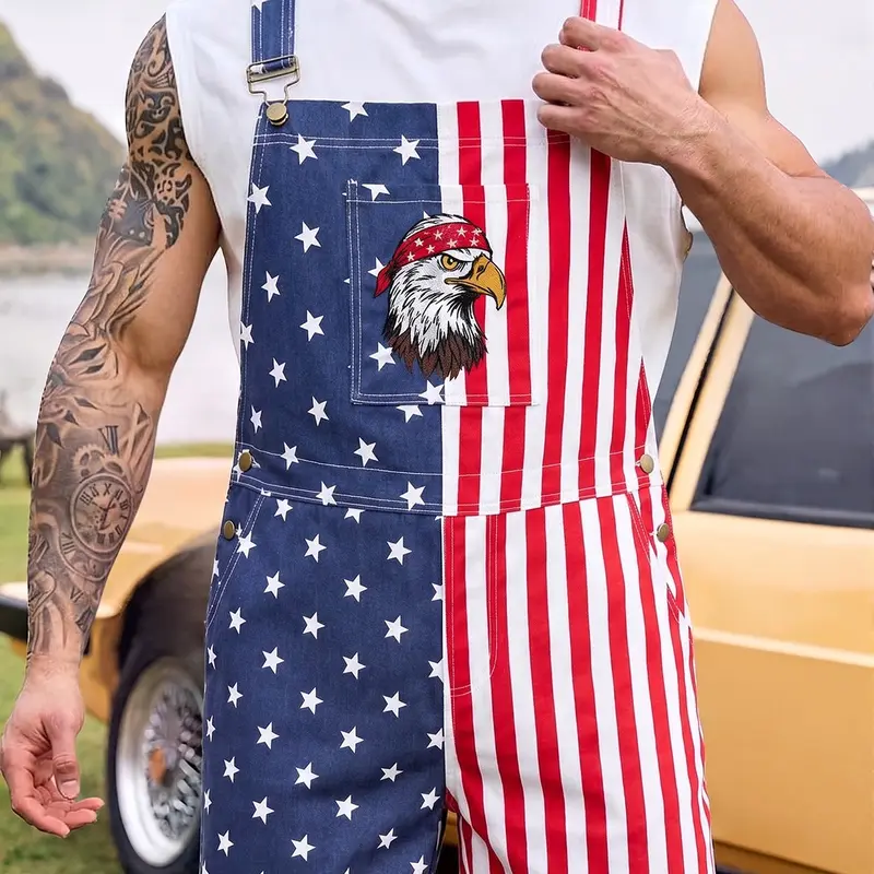 Men's Stars and Stripes American Flag Denim Fashion Casual Overalls Streetwear Jumpsuit Shorts, Adjustable Shoulder Straps, Loose Straight Fit Casual Summer Wear