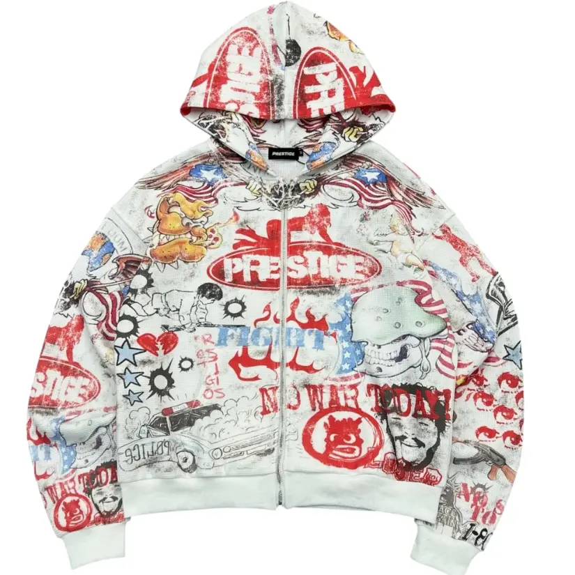 Prestige Renegade Thermal Hoodie – Vintage Patchwork Y2K Streetwear Pullover Sweatshirt, Colorful Graphic Hooded Top, Retro Urban Fashion for Men & Women, Casual Fall Winter Outfit