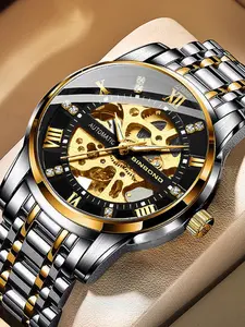 Men's Business Automatic Mechanical High End Durable Wristwatch with Transparent Back, Luminous Hands, Stainless Steel Band, Business Casual Style, Perfect Gift, Stainless Steel Watches