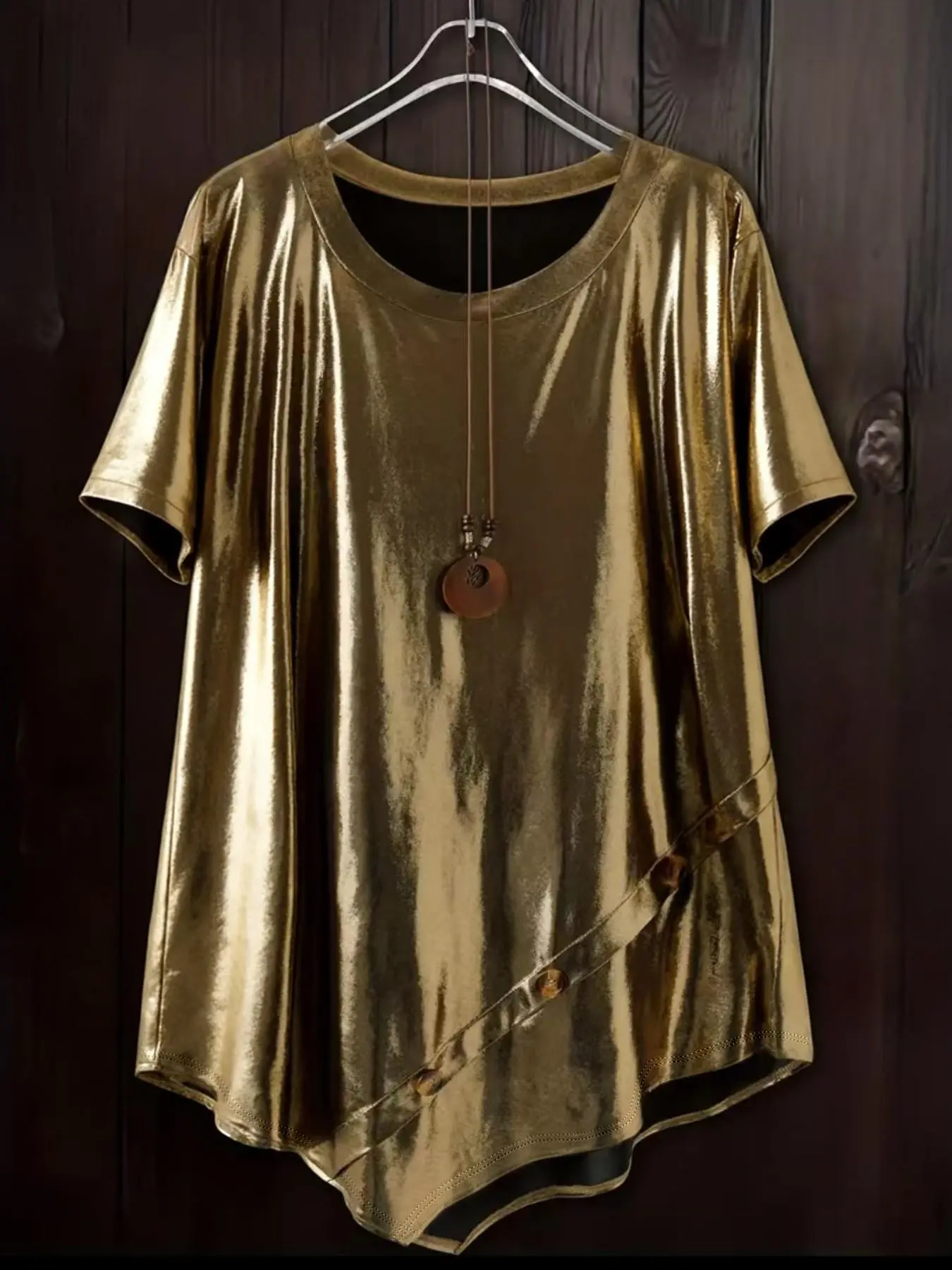 Women's Fashion Aesthetic Plus Size Elegant Plain Metallic Round Neck Metal Fabric Asymmetric Hem Button Design Loose Knit Short Sleeve Top