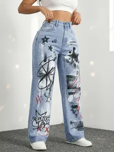 Jeanius Women's High Waist Wide Leg Denim Jeans, Medium Stretch Light Wash, Star Graffiti Punk Street Art Print, Y2K Streetwear Semi Baggy Jeans