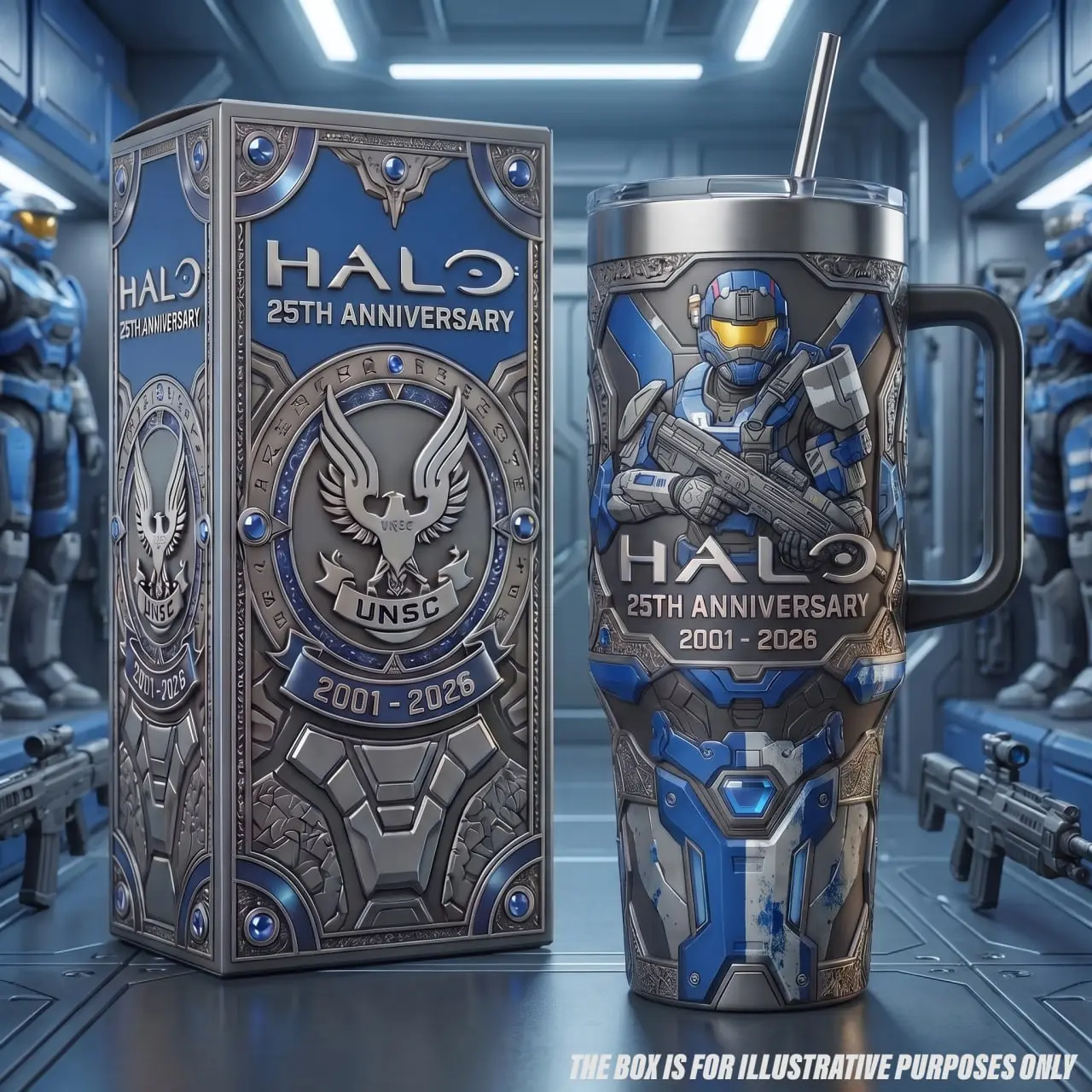Halo 25th Anniversary 2001-2026 Tumbler with Handle Straw, 40 oz Stainless Steel Insulated Travel Mug, UNSC Noble Team Carter-A259 Blue Armor Gaming Cup, Video Game Fan Collector Gift, Car Water Bottle