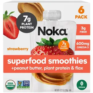 Noka Superfood Fruit & Nut Butter Smoothie Pouches, Healthy Snacks (Strawberry Peanut Butter) 6 Pack, Vegan, Plant Protein, Gluten-Free, Organic, Meal Replacement Squeeze Packs, 4.22oz Ea