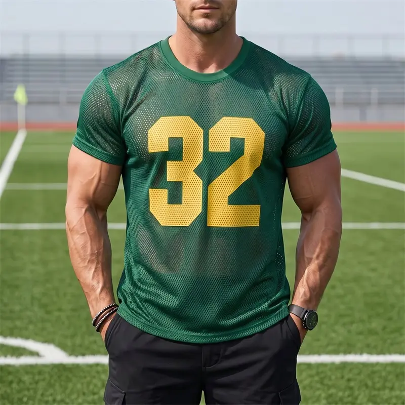INCERUN Men’s Summer Crew Neck Sporty Mesh Short-Sleeve T-Shirt - Bold Yellow Number 32 Soccer-Inspired Casual Jersey, Suitable for Daily & Athletic Wear, Short Sleeve Tops, Soccer Jerseys, 2Xl