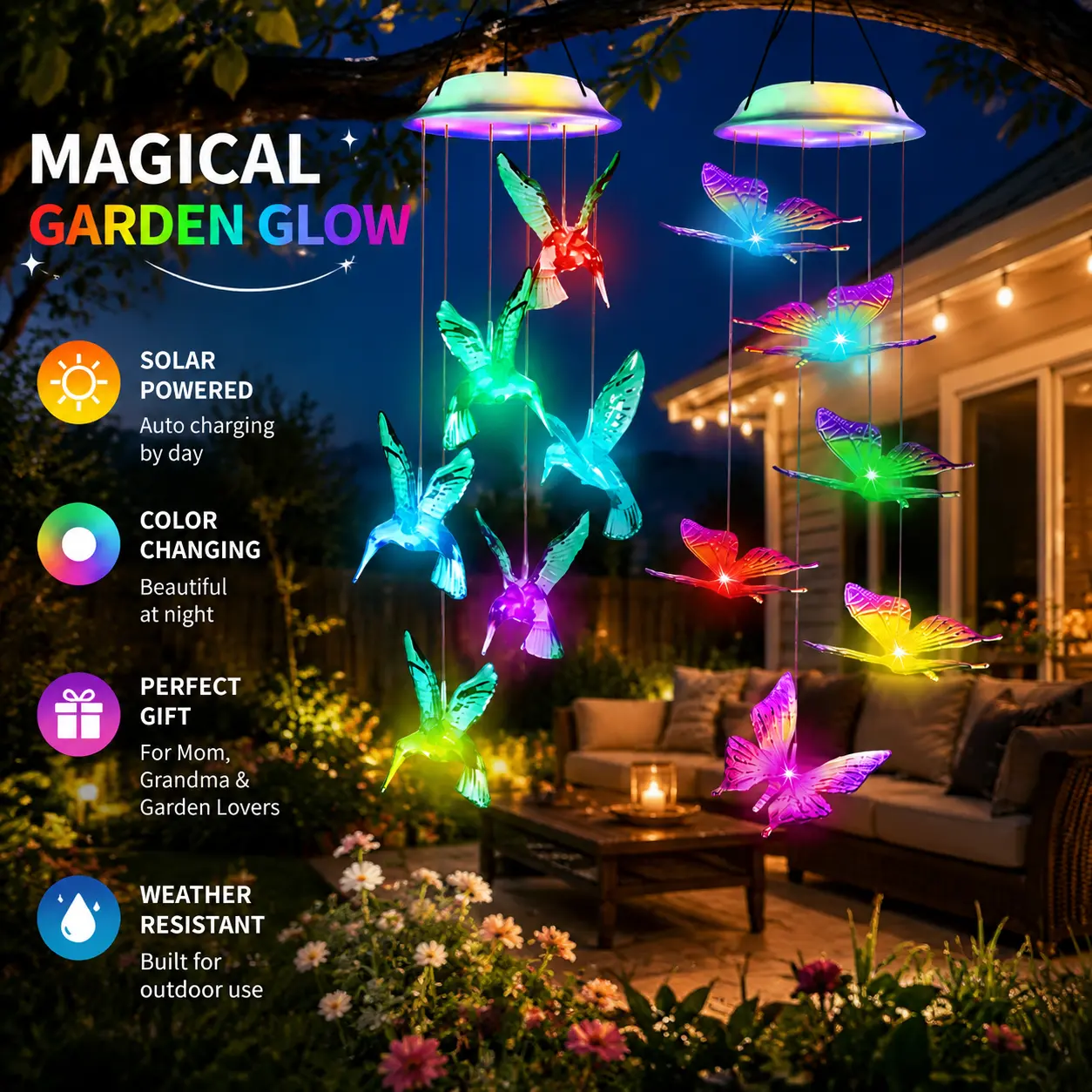 1/2/4 Outdoor Solar Hanging Decorative Lights, Shiny 6 LED Butterfly/Hummingbird Lights, IP44, Smart Light Sense, Decorative Color Changing Lights for: Patio, Party, Yard, Window, Home Decorations, Decorative Hanging