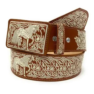 Cinto Charro Bordado. Mens Horse Embroidered Western Belt Vaquero Leather Belt