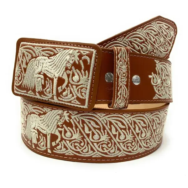 Cinto Charro Bordado. Mens Horse Embroidered Western Belt Vaquero Leather Belt