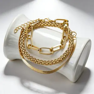 Gold Plated Stackable Bracelet Set | Paperclip + Snake + Popcorn Chain | Trendy All-Match Jewelry | Perfect Birthday Gift for Her