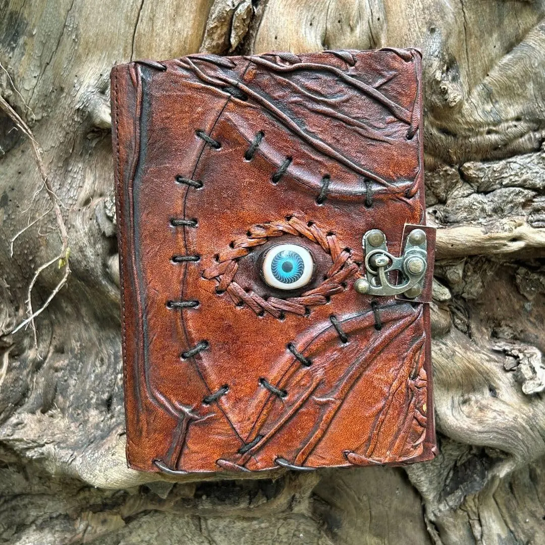 Hocus Pocus Leather Journal with Lock, Blank Spell Book of Shadows, Vintage Wiccan Grimoire Notebook for Witchcraft, Halloween Decor, Magic Sketchbook, 5 x 7 Inch