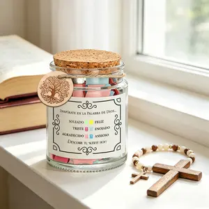 1 Set Spanish Emotional Bible Verse Jar with Color Coded Scripture Cards, Inspirational God’s Word Notes in Spanish for Different Moods, Christian Religious Gift, Decorative Border Print & Tree of Life Charm, Cork Lid Glass Prayer Jar
