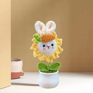 Hand Crocheted Dragon Rabbit + Knitted Flowers| Mini Potted Ornaments for Home Office Car Decoration yellow flower bouquet whimsical decor accessories vintage dopamine items crochet backyard funny stickers funky apartment farmhouse cottage core wall art