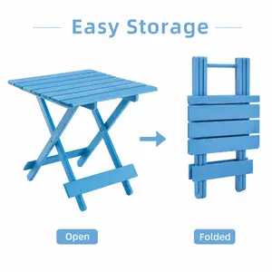 Blue Foldable Wood Side Table, 19.75 Inch Folding Square Table with Cypress Wood Slatted Top for Light Items