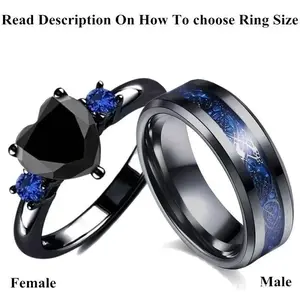 Couple's Stainless Steel Men's Ring with Heart-Shaped Blue and Red Zircon, Fashionable Women's Ring Gift