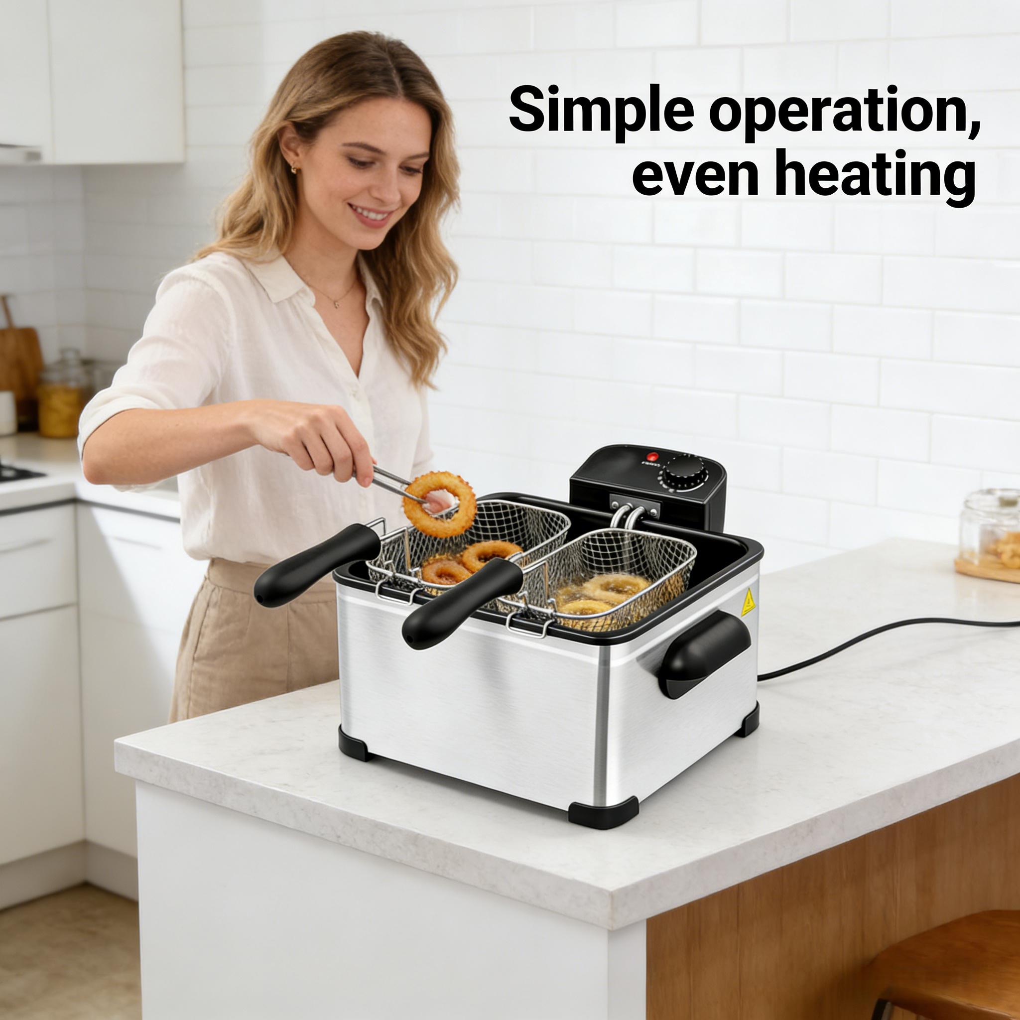 5L stainless steel, 1400 watt electric fryer, 1 large basket and 2 small baskets dual-use - classic stainless steel cookware with cold touch function, American standard three plug