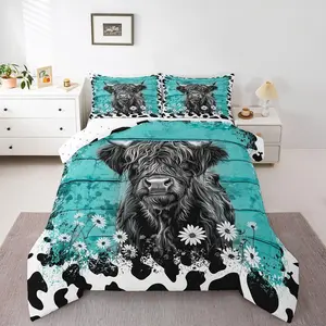 Feelyou Multi-Size Breathable Microfiber Cow Print Bedding Set - Teal Western Longhorn Comforter, Farmhouse Boho Floral Design, for Kids' Room Decor