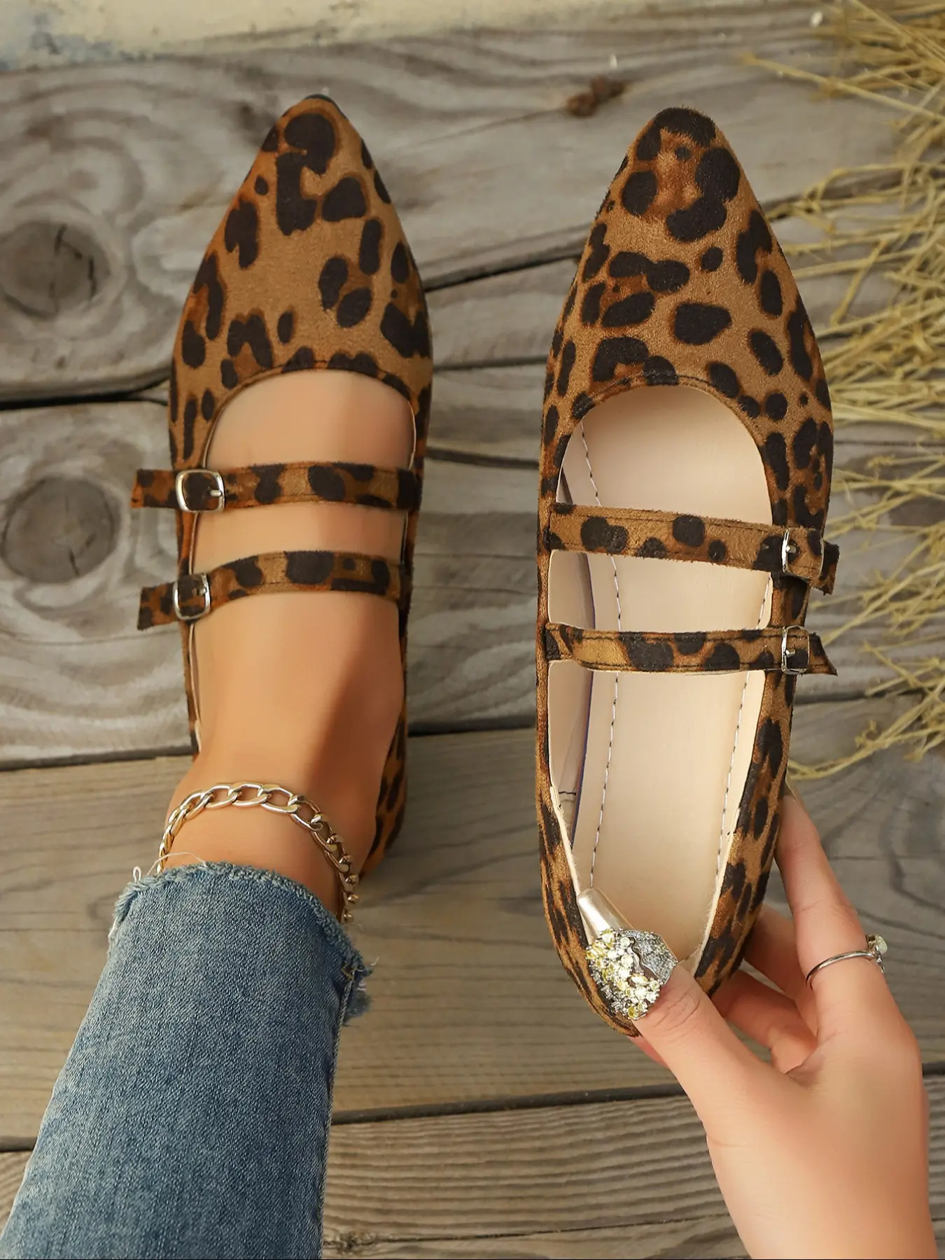 Women's Leopard Print Mary Jane Shoes, French Style Slip-On Thick Heel Square Toe Fashionable Flats, Casual Flat Footwear, Casual Comfortable Daily Wear Size 43