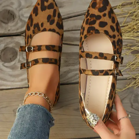 Women's Leopard Print Mary Jane Shoes, French Style Slip-On Thick Heel Square Toe Fashionable Flats, Casual Flat Footwear, Casual Comfortable Daily Wear Size 43