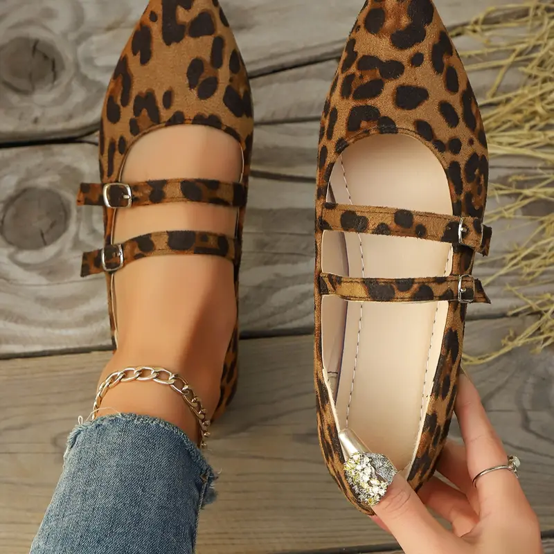 Women's Leopard Print Mary Jane Shoes, French Style Slip-On Thick Heel Square Toe Fashionable Flats, Casual Flat Footwear, Casual Comfortable Daily Wear Size 43