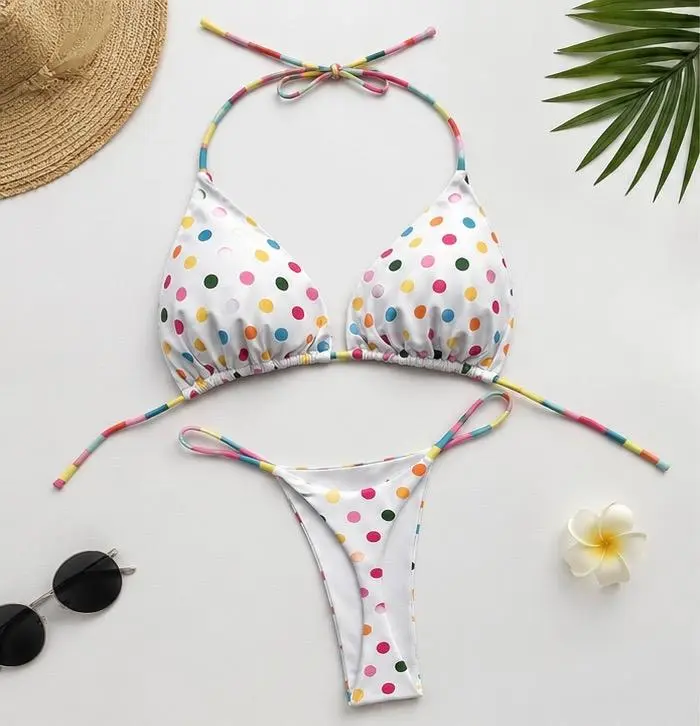 Women's 2-Piece Colorful Polka Dot Triangle String Bikini - Adjustable Tie-Side Sports & Outdoor Bathing Suit for Beach Parties