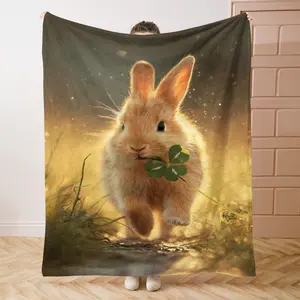 1PC Rabbits and Four-leaf CloversPrint Flannel Blanket Beautiful and Comfortable Warm Nap Blanket for Sofa, Bed, Office, Car, Camping Travel Blanket, Home Decoration - Four Seasons Gift