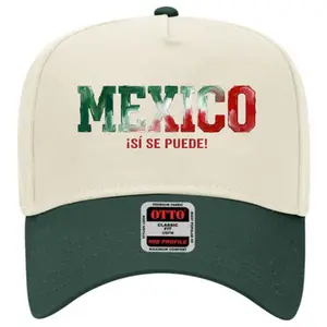 Mexico Patriotic Two-Tone Baseball Hat | "Sí Se Puede" Brush Stroke Graphic Cap, Cream and Red Retro Viva Mexico Snapback, OTTO Mid Profile Men's Hat