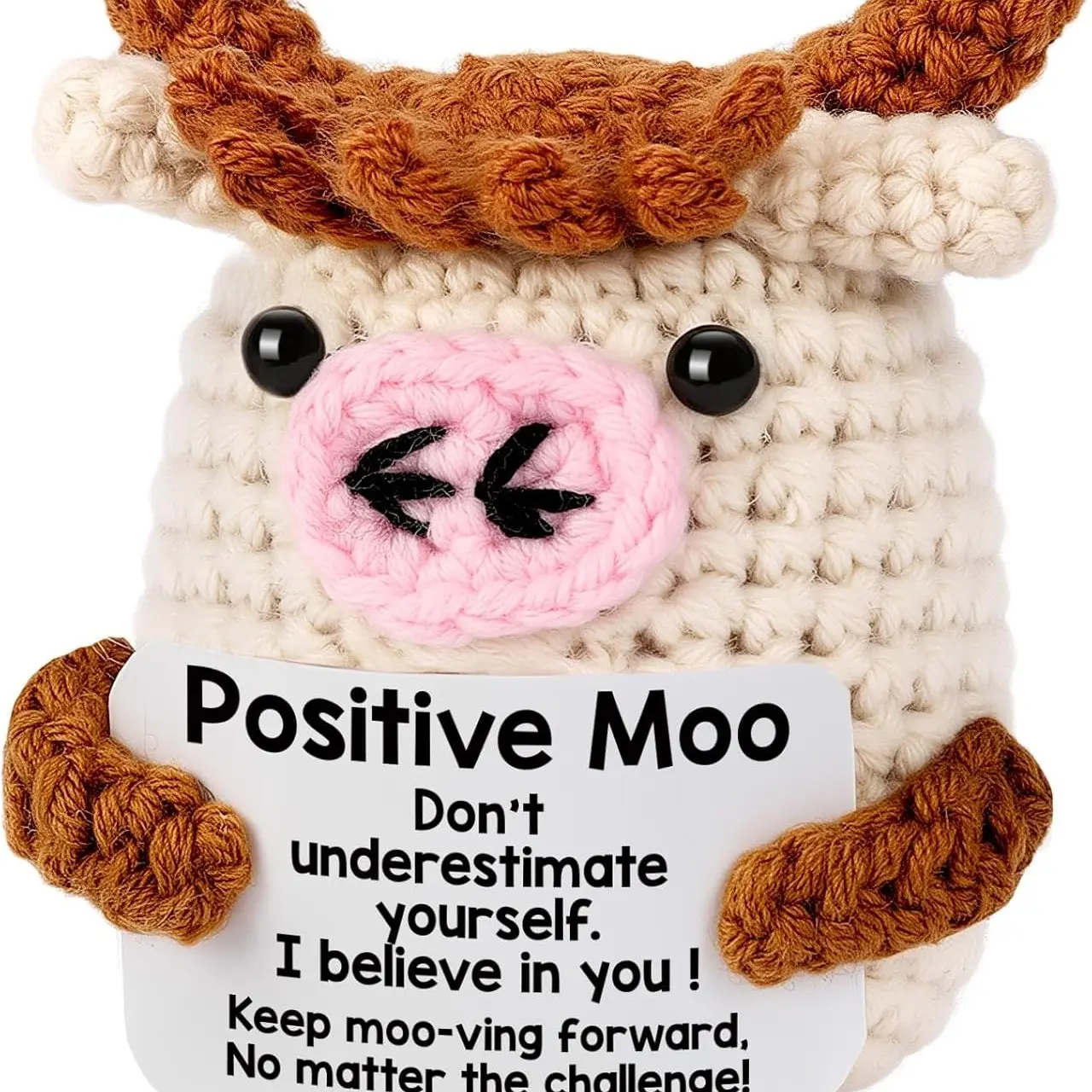 Positive Moo Cow Birthday Gift for Women Men - Amigurumi Stuffed Animal Gift Funny Cheer Up Support Gifts for Coworker Best Friend Mom Dad Teenage Daughter Son - Stress Relief Handmade Crochet Cow Office Decor
