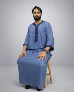 Men’s Moroccan Linen Gandoura – Traditional Islamic Thobe | Premium Blue Gandoura for Eid & Ramadan