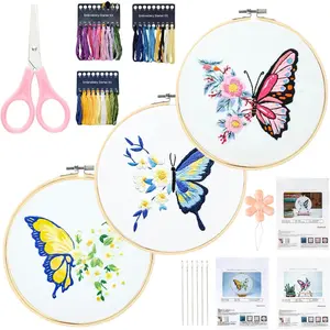 Set of 3 Embroidery Beginners, Butterfly Embroidery Set for Beginners, Embroidery Set with Embroidery Hoop, Embroidered Fabric, Colour Threads and Tools Kit, Embroidery Set for Beginners DIY Cross