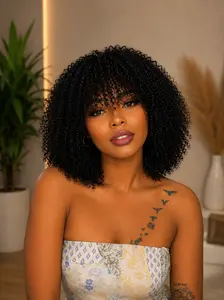Mouri Kite 10" Human Hair Full Machine Wig, Natural Black Afro Kinky Curly Hair Extensions