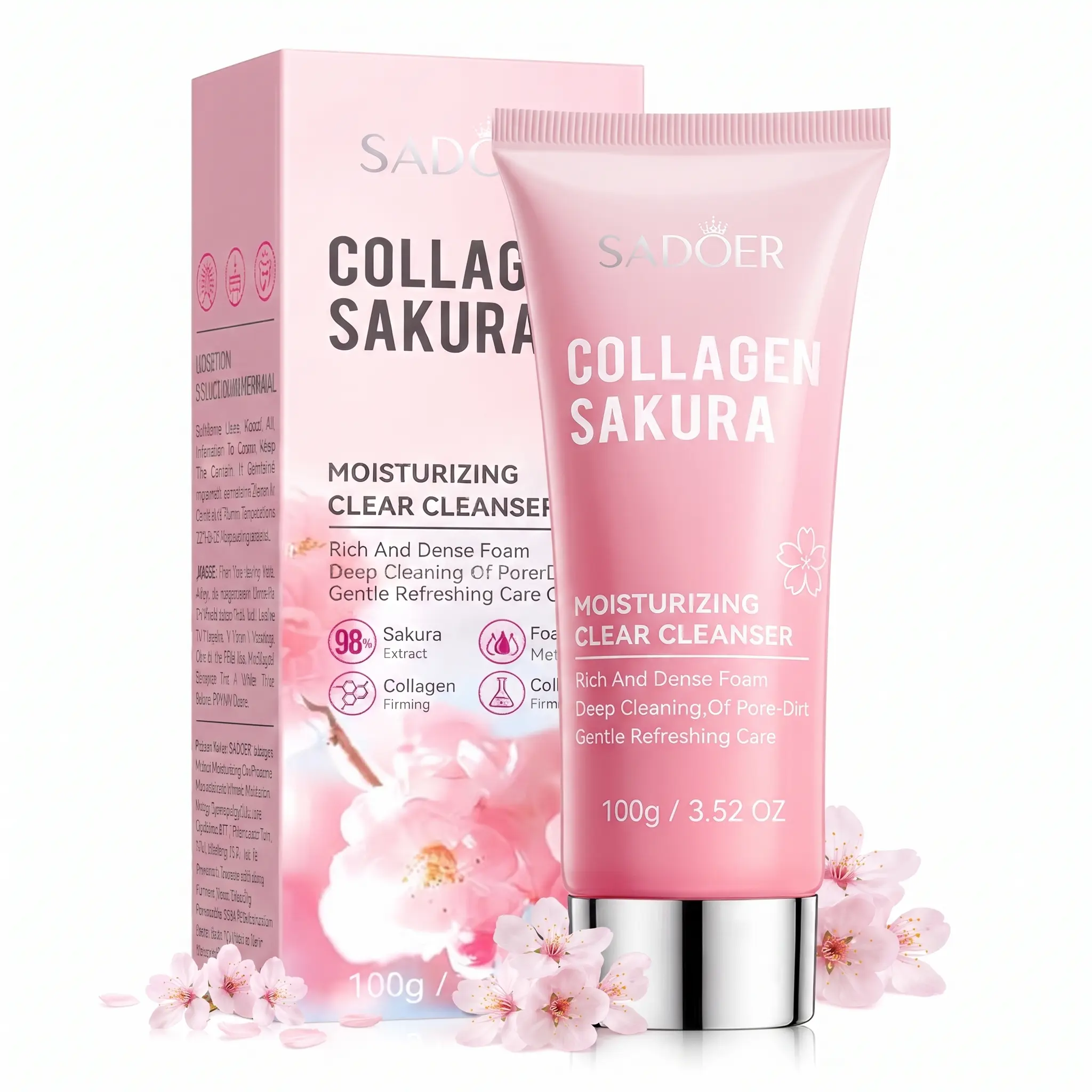 SADOER Collagen Sakura ricewhip Facial Cleanser 100g | Fluffy Rich Foam Cleansing for Morning & Night Face package Care Routine travel size products