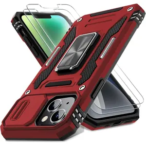 Case for iPhone 13/iPhone 14 6.1-Inch with Slide Camera Cover+Screen Protector(2 Packs),Rotated Ring Kickstand Military Grade Shockproof Protective Cover-Red